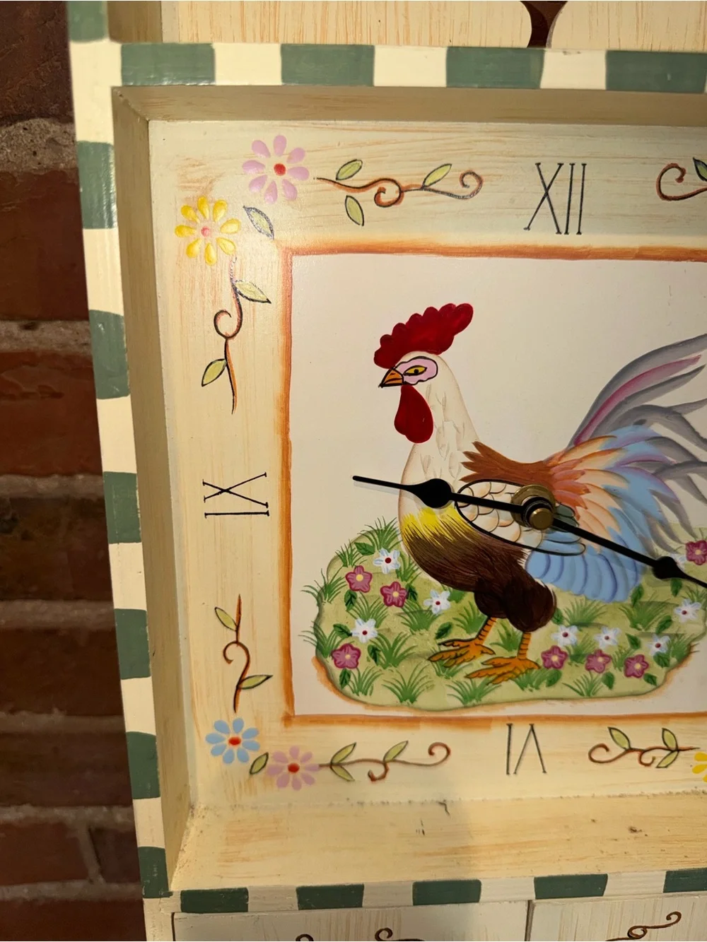 Hand-Painted Rooster Wall Clock Cabinet Decor Farmhouse Cream & Pastel Accent